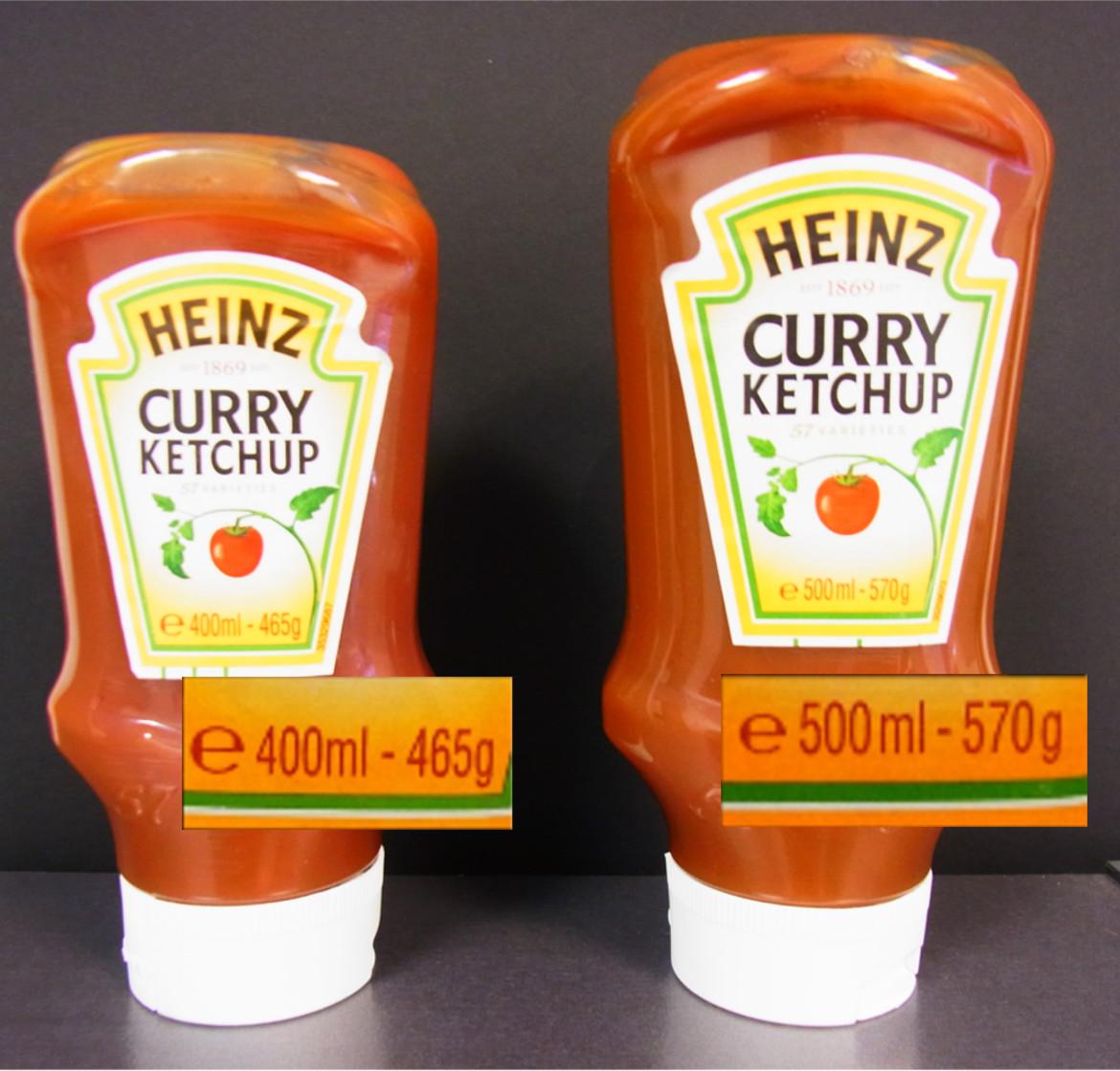 Vergleich der alten und neuen Verpackungsgrößen des Heinz Curry Ketchup