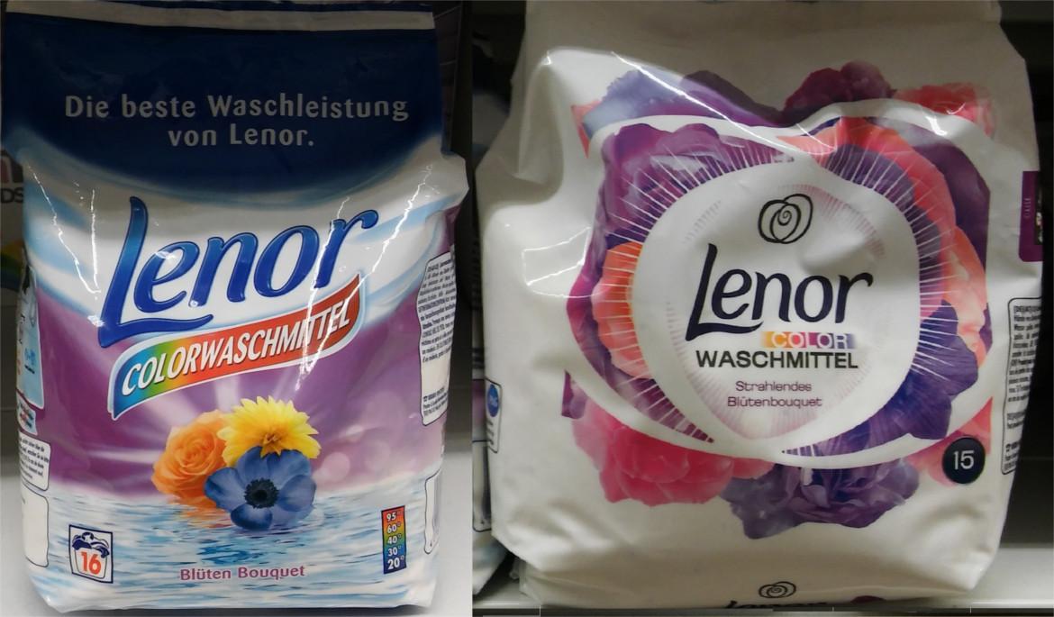 Vergleich der alten und neuen Verpackungsgrößen des Colorwaschpulvers von Lenor
