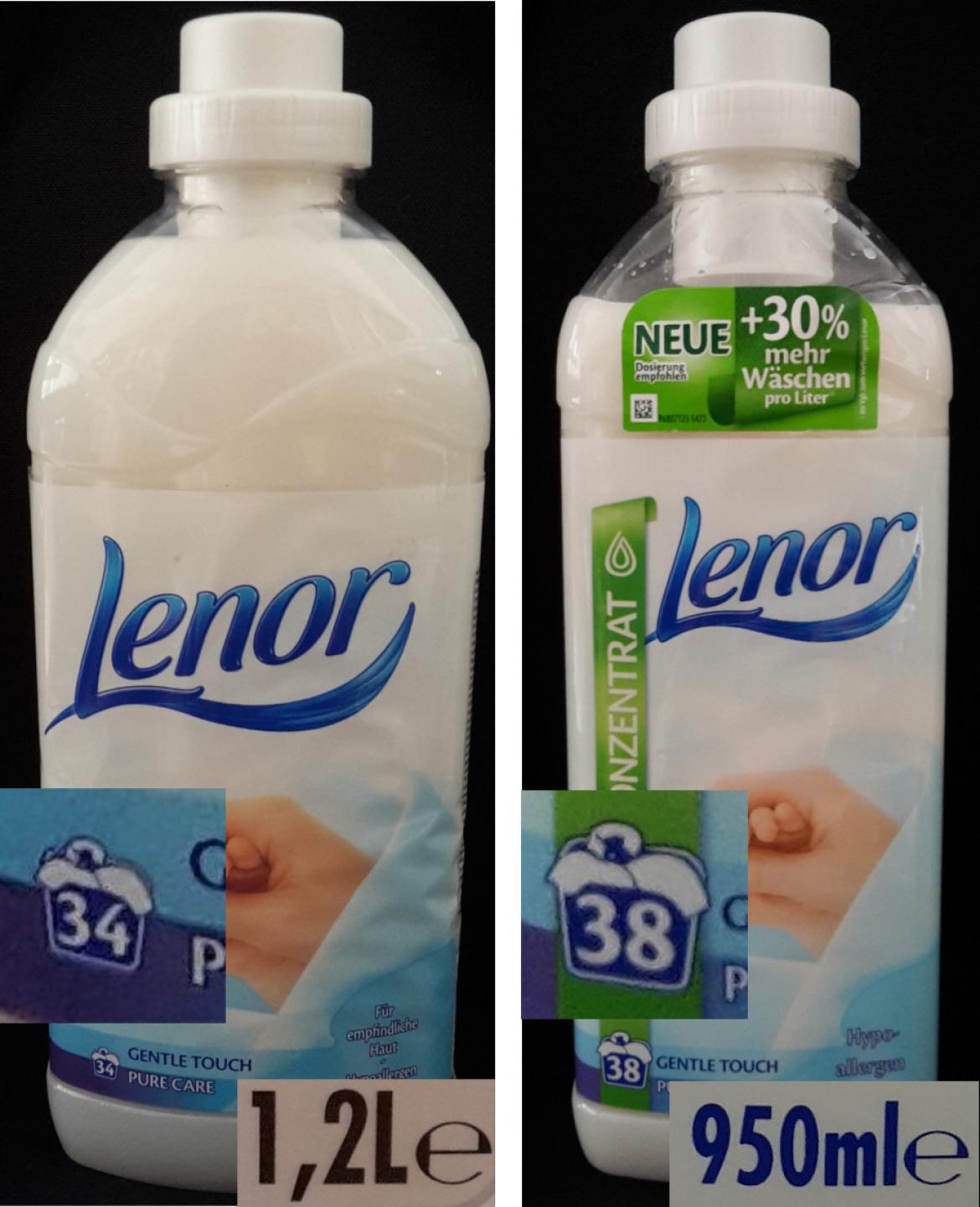 Vergleich der alten und neuen Flasche des Lenor Weichspülers