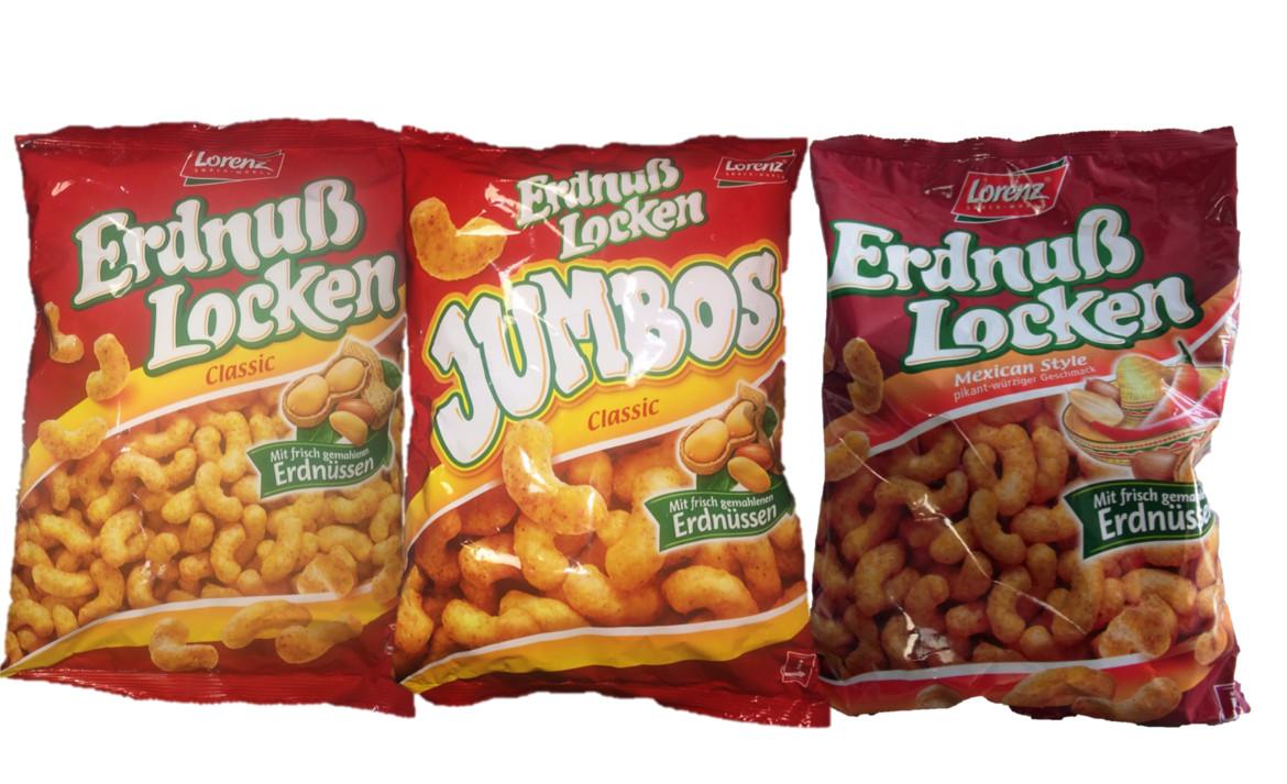 Drei Packungen Erdnusslocken von Lorenz-Bahlsen Snack World unterschiedlicher Sorten