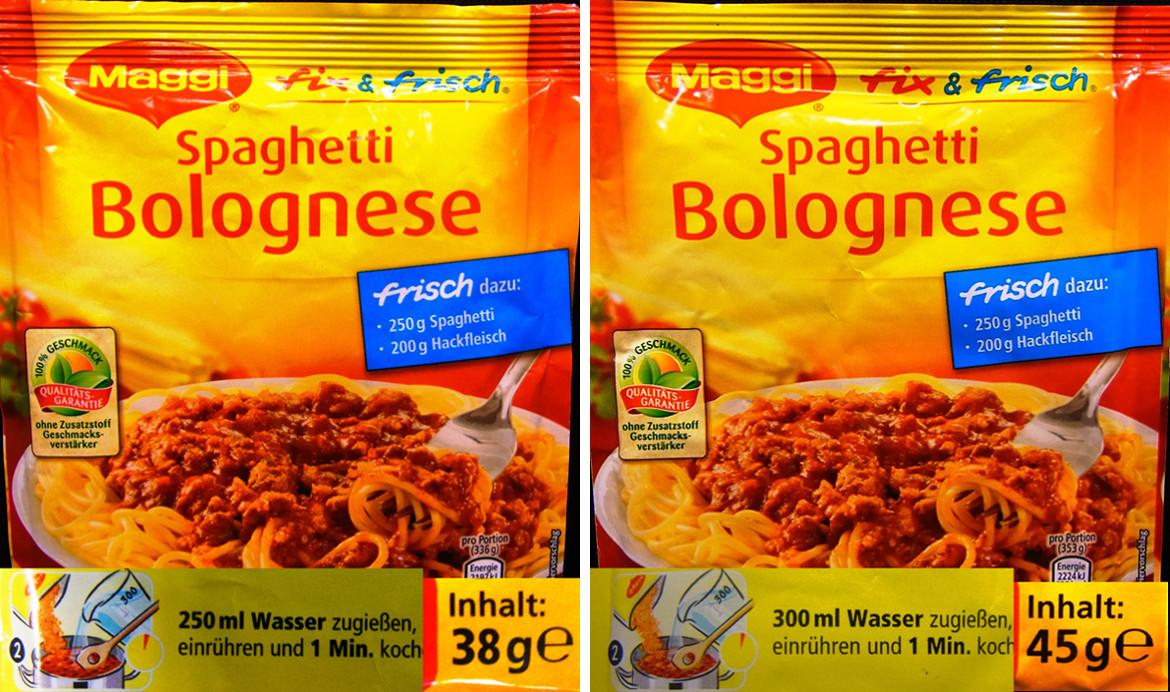 Vergleich der alten und neuen Packungen der Bolognese von Maggi