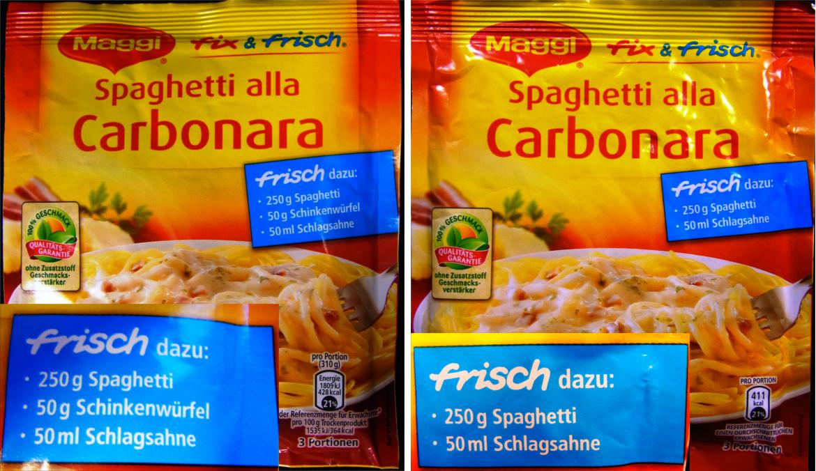 Vergleich der alten und neuen Packungen der Carbonara von Maggi