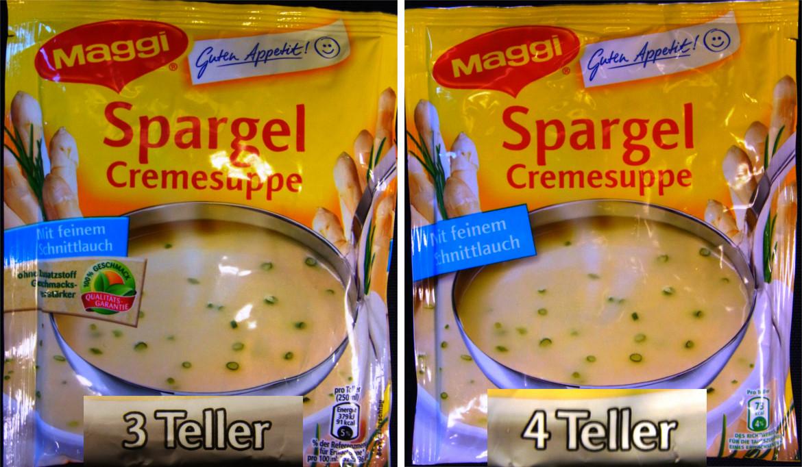 Vergleich der alten und neuen Packungen der Spargelcremesuppe von Maggi