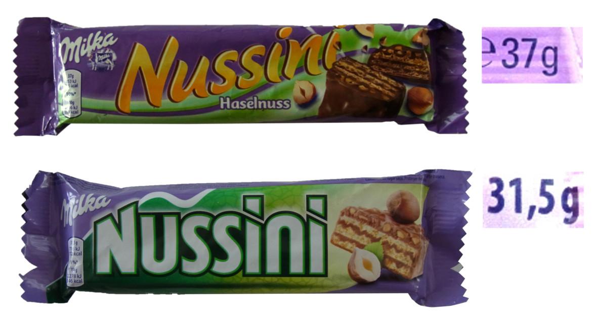 Vergleich der alten und neuen Verpackungsgrößen des Nussini Schokoriegel von Milka