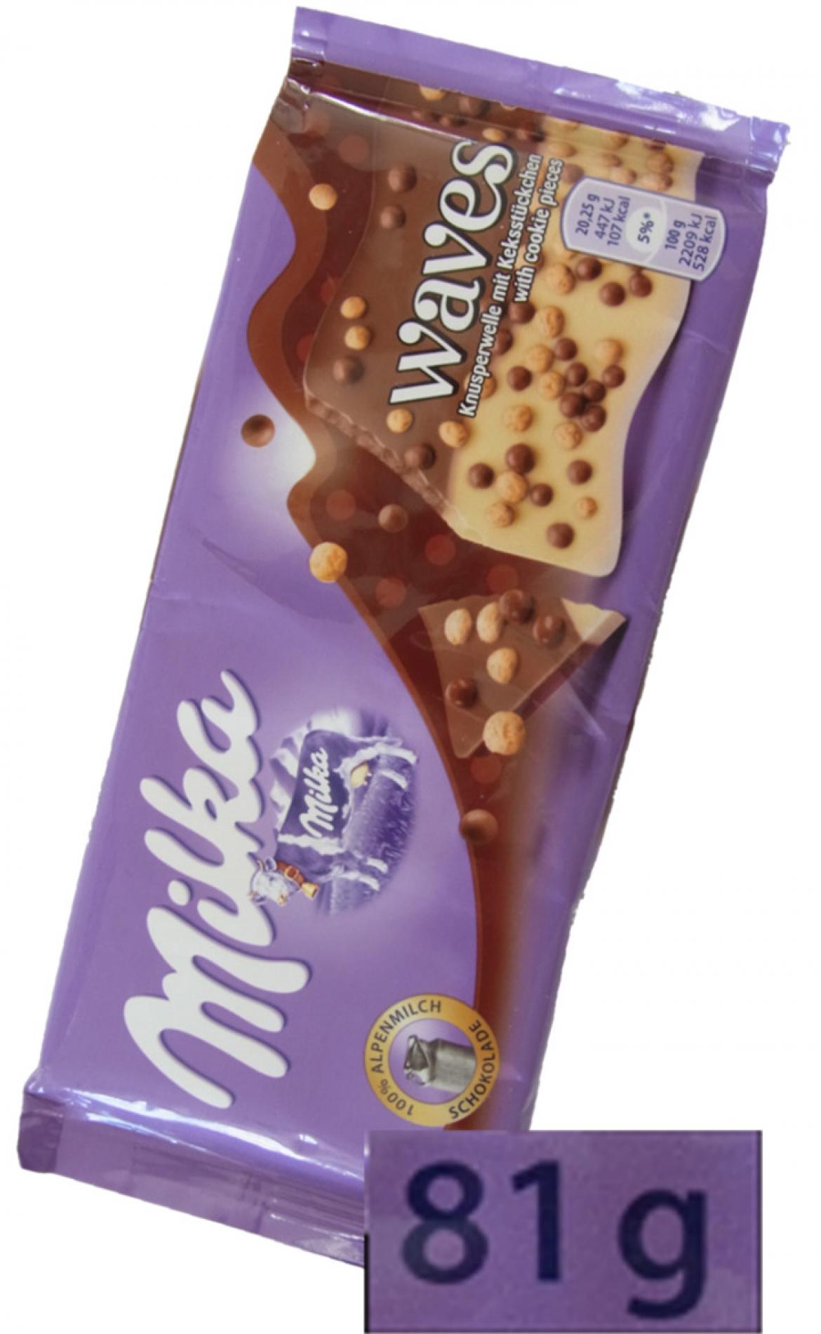 Eine Tafel Milka Waves in verkleinerter Verpackungsgröße