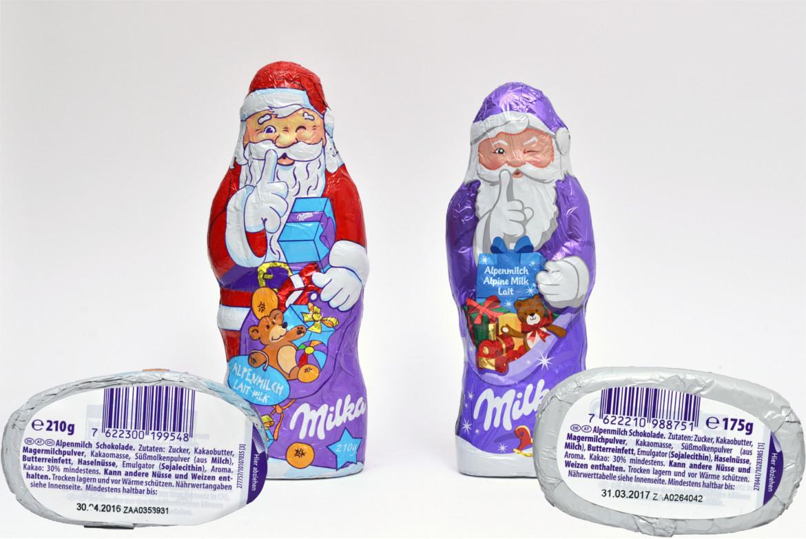 Vergleich der alten und neuen Verpackungsgrößen des Milka Weihnachtsmannes von Mondelez