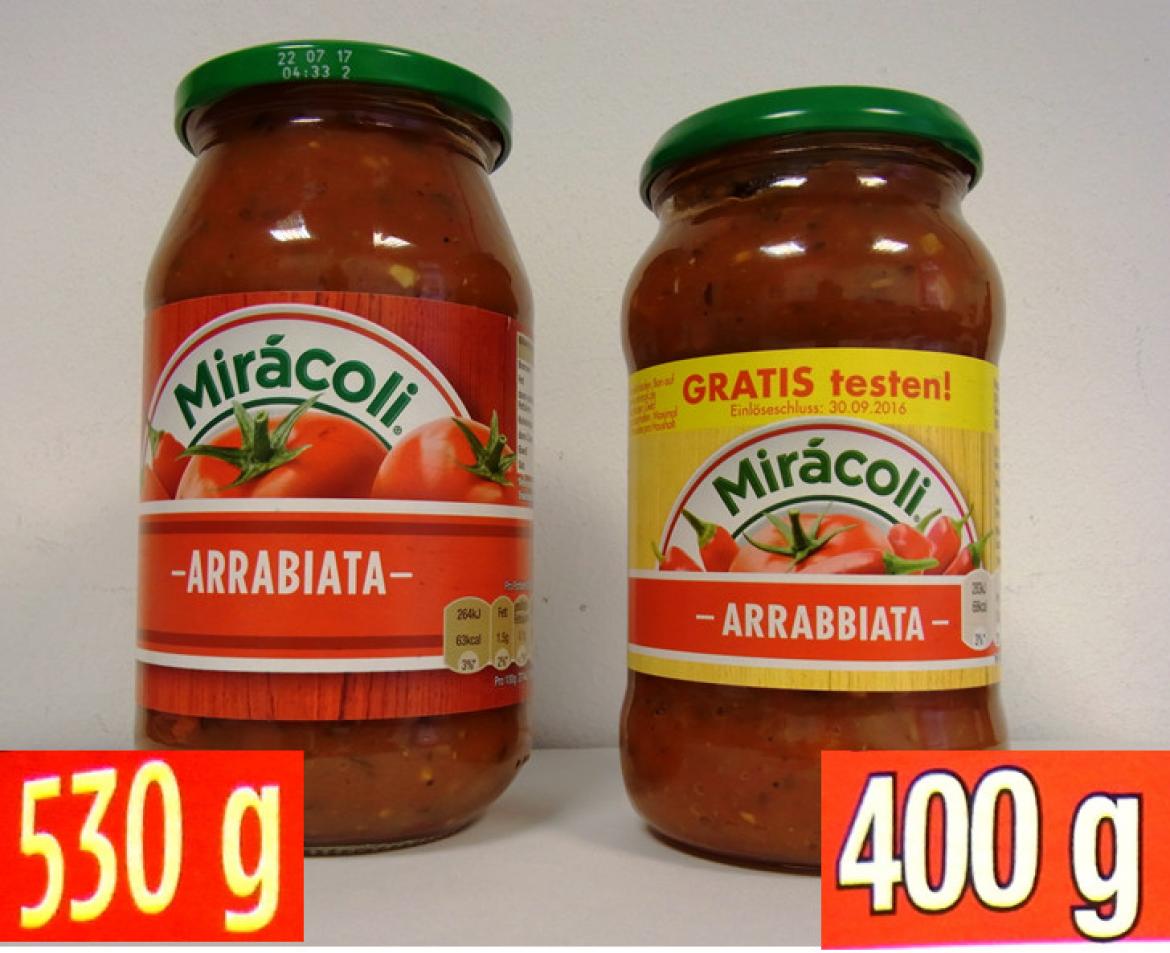 Vergleich der alten und neuen Verpackungsgrößen der Mirácoli Pasta Sauce von Mars