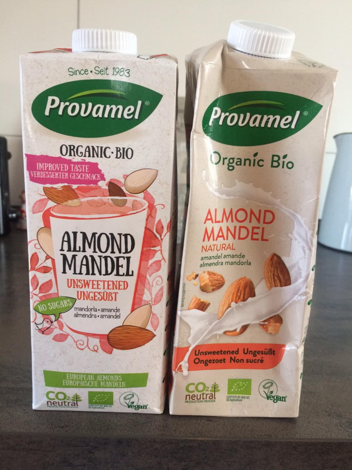 alte und neue Packung des Mandel Drinks von Provamel