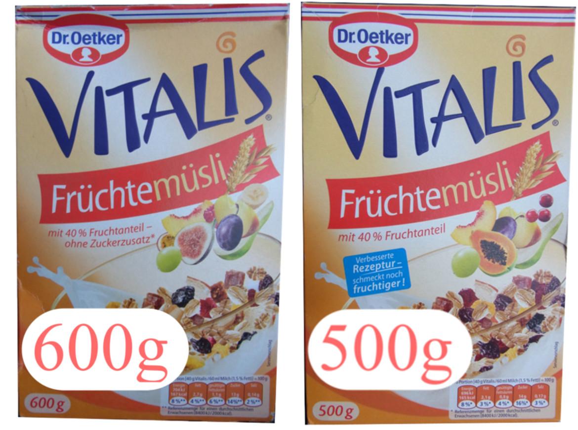 Vergleich der alten und neuen Füllmengen des Vitalis Früchtemüsli von Dr. Oetker