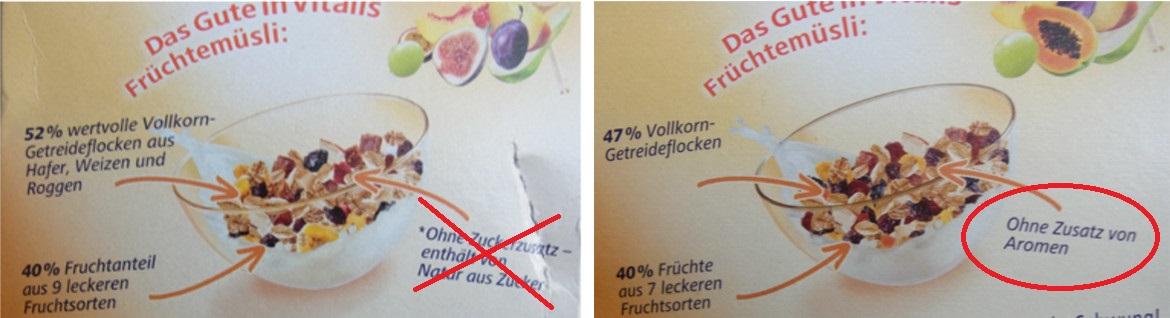 Vergleich der Rückseiten der alten und neuen Verpackungen des Vitalis Früchtemüsli von Dr. Oetker