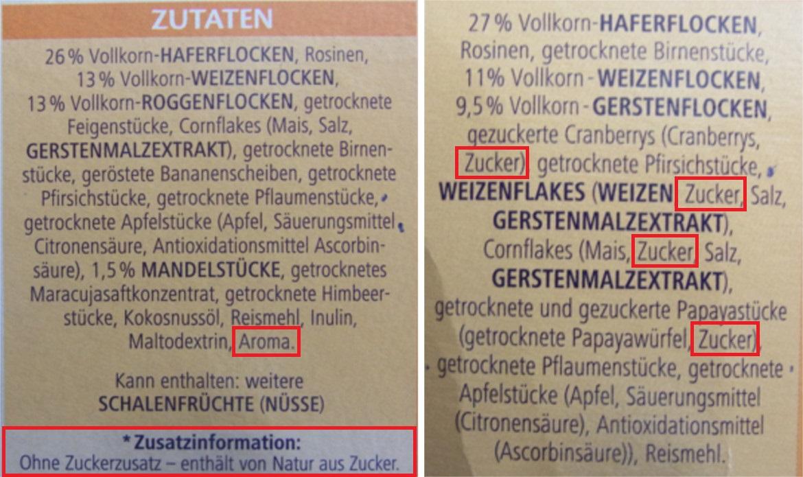 Vergleich der alten und neuen Zutatenliste des Vitalis Früchtemüsli von Dr. Oetker