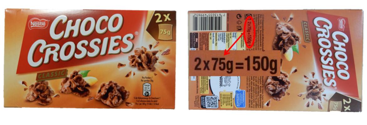 Vergleich der alten und neuen Verpackungsgrößen der Choco Crossies von Nestlé
