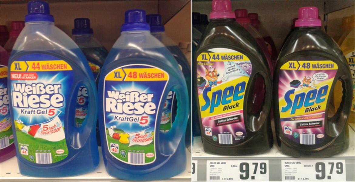 Vergleich der alten und neuen Verpackungsgrößen der Waschmittel "Spee Black" und "Weißer Riese" von Henkel