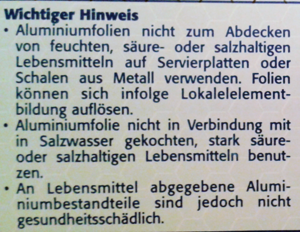 Hinweis zur sachgemäßen Verwendung von Alufolie