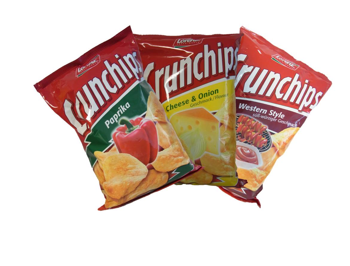 Drei Packungen Lorenz Crunchips unterschiedlicher Sorten