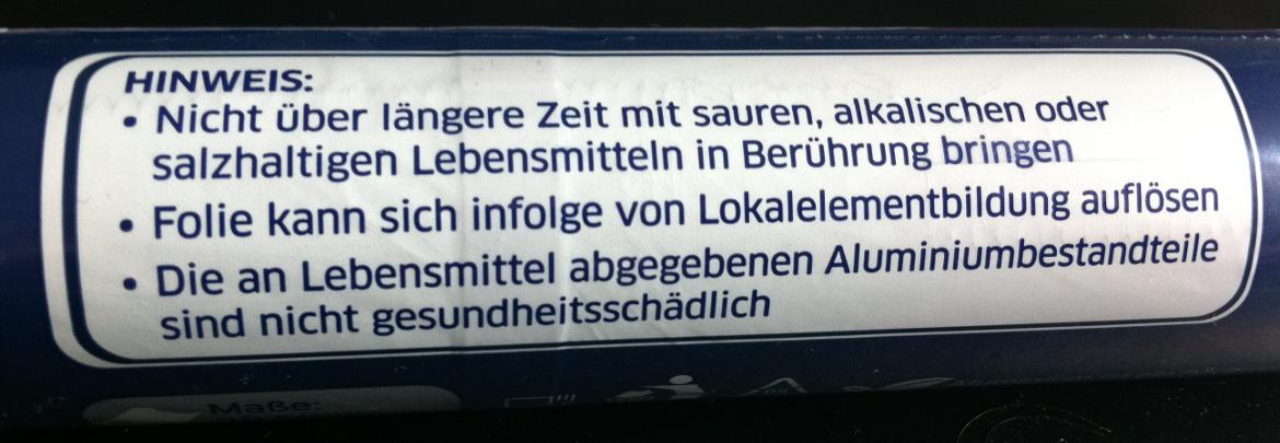 Falscher Warnhinweis auf Aluminiumfolie