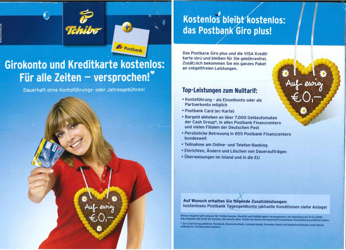 Flyer von Tchibo, der ein kostenloses Girokonto verspricht und einzelne Leistungen aufschlüsselt.