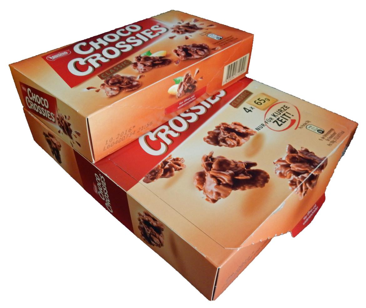 Vergleich der normalen mit der XXL Packung der Choco crossies.