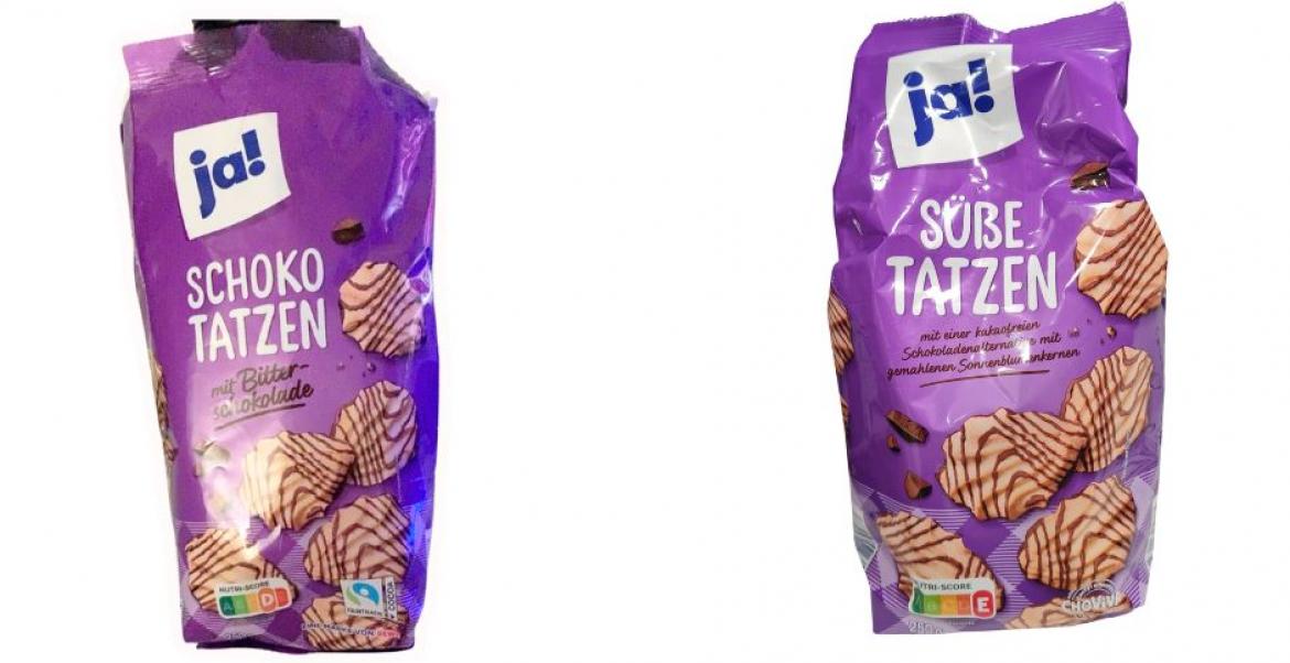 Schokoalternative Chovivia in neuen „Süße Tatzen“ von Ja! mit altem Vergleichsprodukt „Schoko Tatzen“