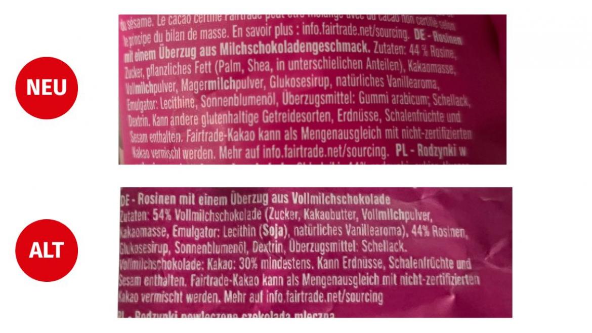 Skimpflation: Vergleich Zutatenlisten der Schoko-Rosinen_Action