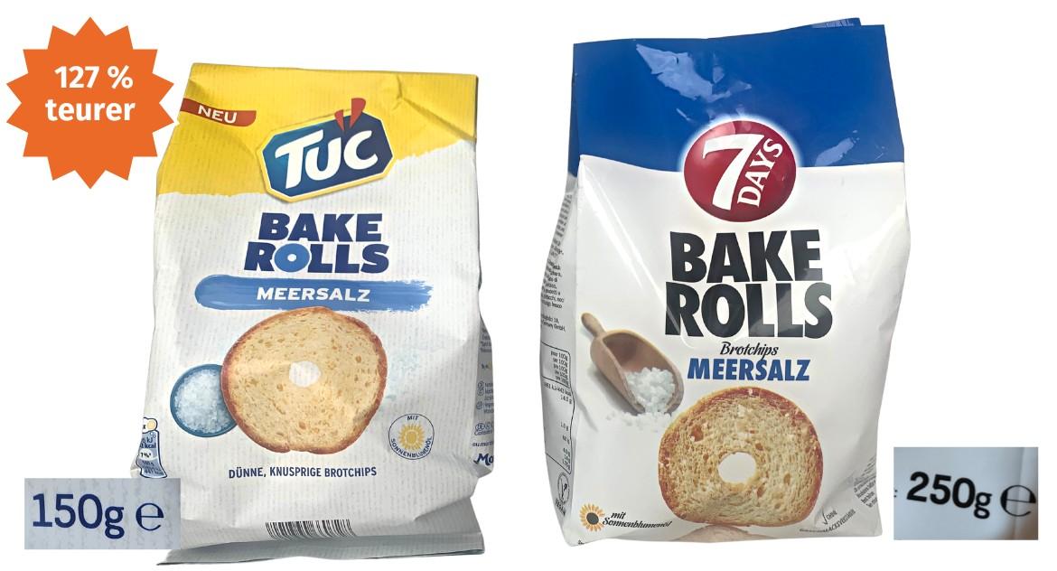 Mogelpackung: Preisvergleich Tuc Bake Rolls und 7 days Bake Rolls mit Meersalz (2023)