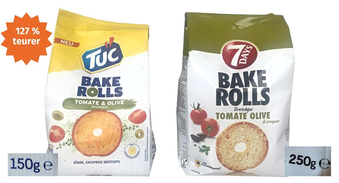 Mogelpackung: Preisvergleich Tuc Bake Rolls und 7 days Bake Rolls der Sorte Olive & Tomate (2023)