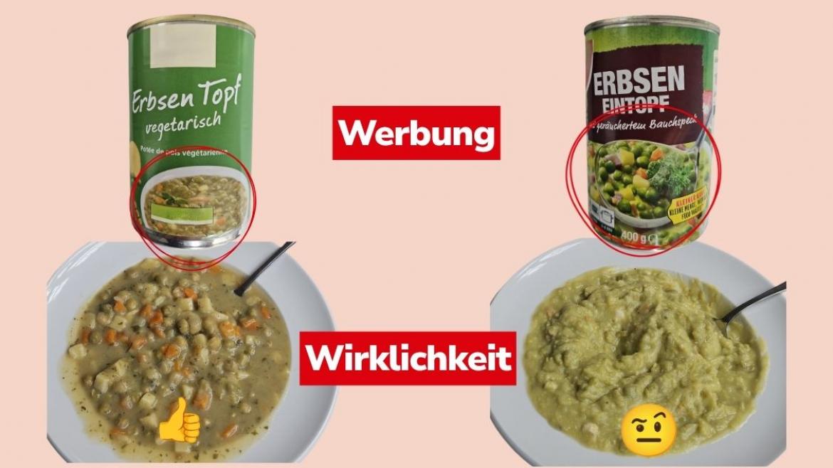 Vergleich Werbung Wirklichlkeit bei Erbseneintopf