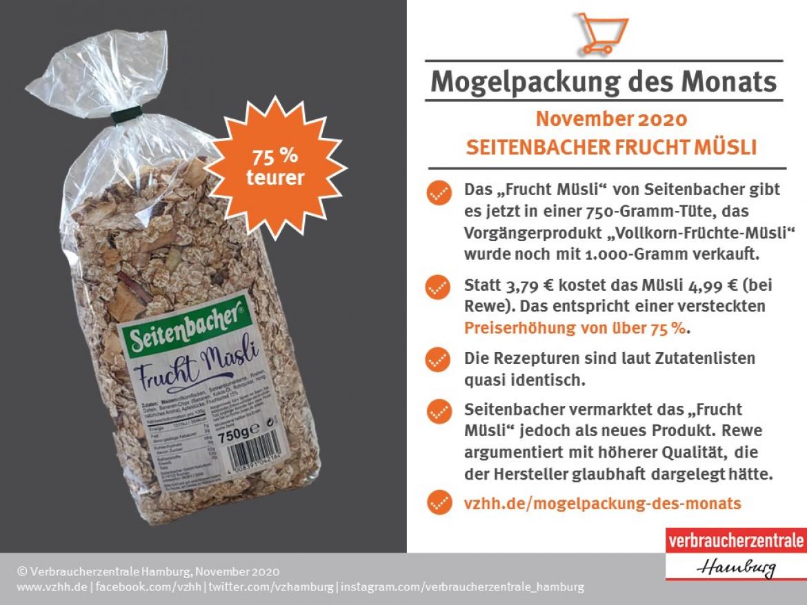 Die Fakten zur Mogelpackung Seitenbacher Frucht Müsli 