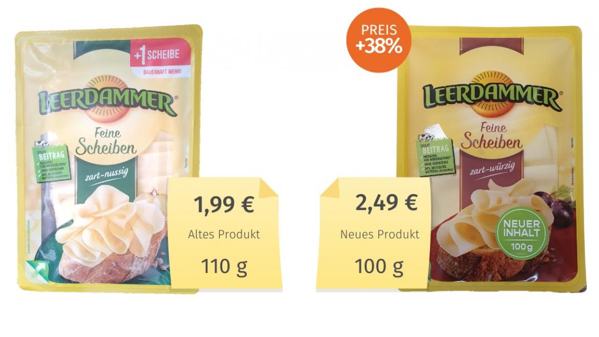 Mogelpackung: Leerdammer Käse Feine Scheiben Alt-Neu-Vergleich (2022)