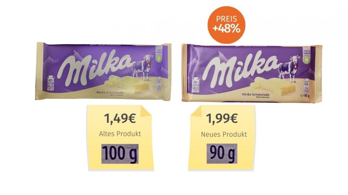 Mogelpackung: Vergleich Milka Weiße Schokolade alt neu von Mondelez