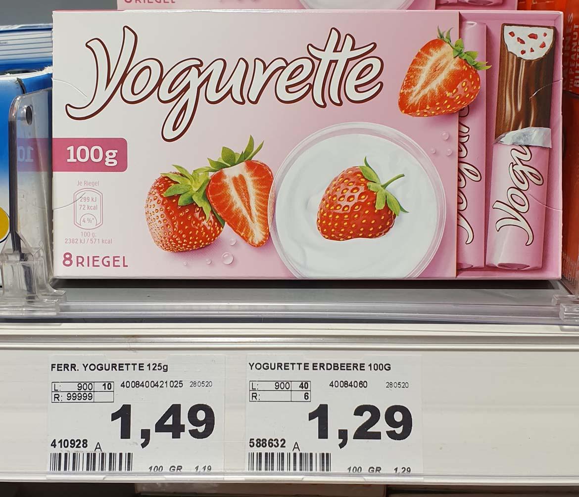 Mogelpackung: Yogurette Schokolade im Regal mit Preisschild bei Budni (2020)