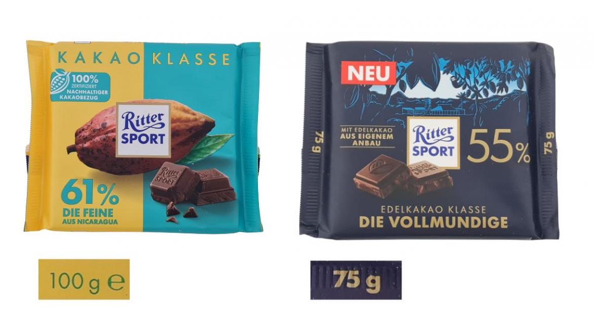 Vergleich der alten und neuen Sorte Ritter Sport: Neue Packung nur noch 75 statt 100 g