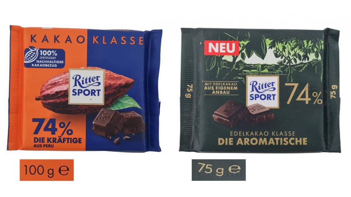 Vergleich der alten und neuen Sorte Ritter Sport 74%: Neue Packung nur noch 75 statt 100 g