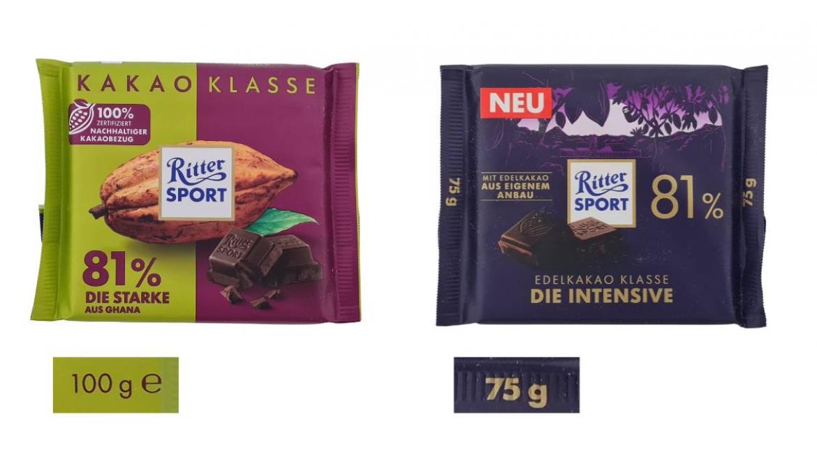 Vergleich der alten und neuen Sorte Ritter Sport 81%: Neue Packung nur noch 75 statt 100 g
