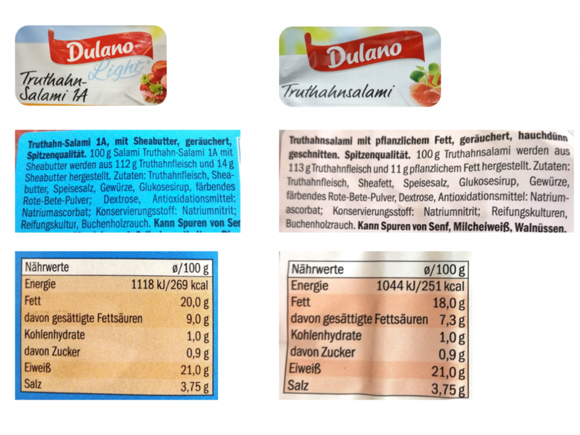 Dulano Truthahnsalami Light von Lidl im Vergleich (Zutatenliste)