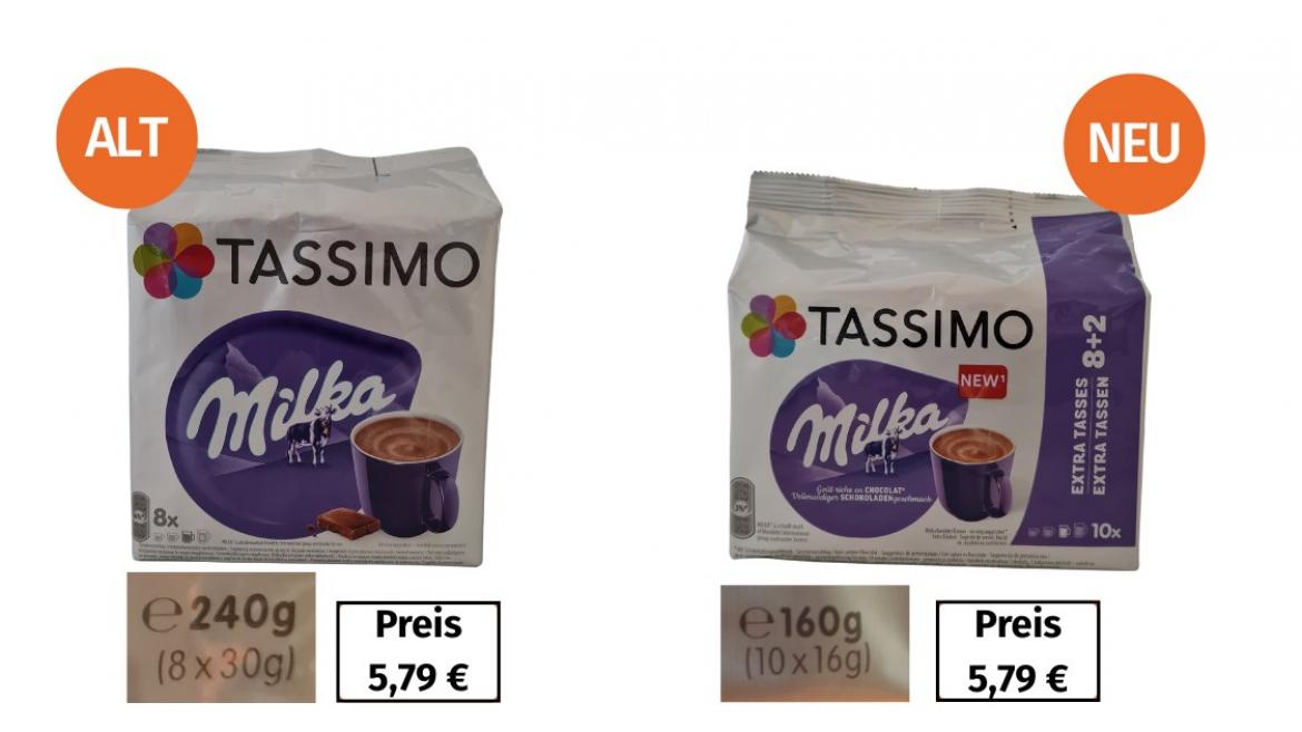 Vergleich der alten (240 g, 5, 79 €) und der neuen Tassimo Milka (160 g, 5, 79 €) Verpackung