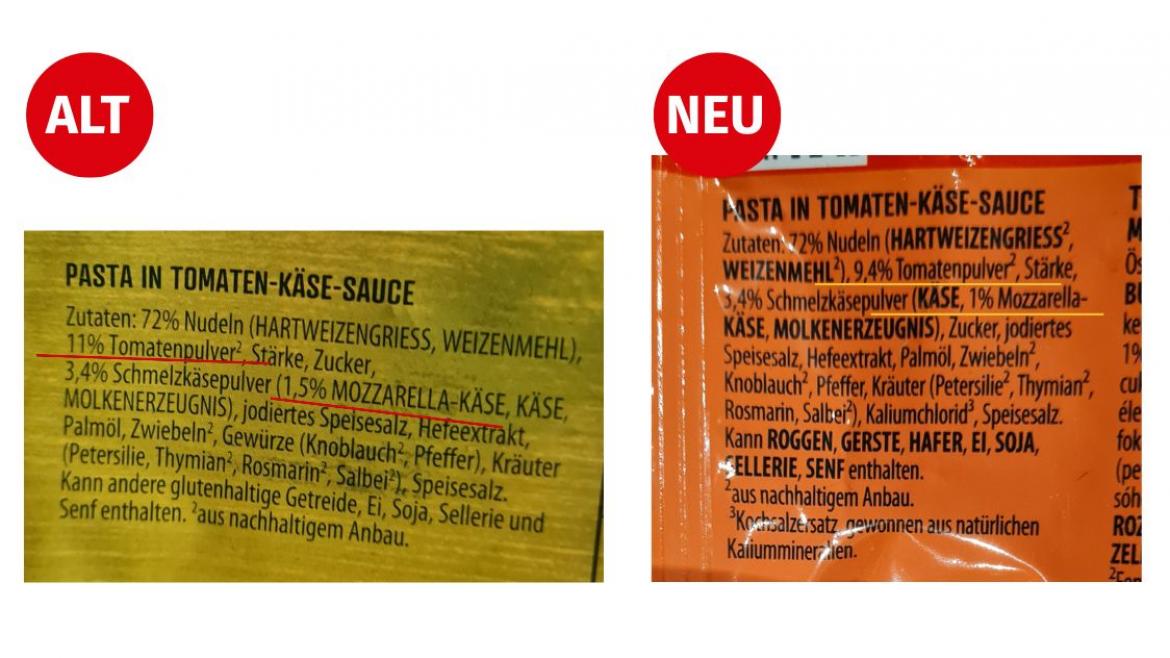 Vergleich der alten und neuen Zutatenliste von Knorr Penne Pomodoro Mozzarella