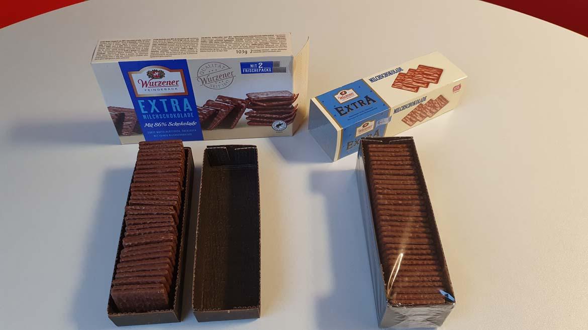 Wurzener Waffelblättchen: alte und neue Packung offen nebeneinander und zusammengepackt