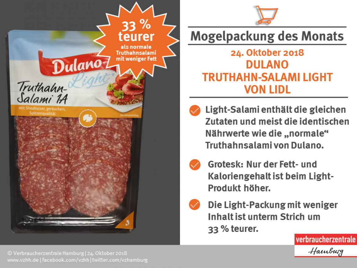 Mogelpackung Dulano Truthahnsalami light mehr fett weniger Inhalt