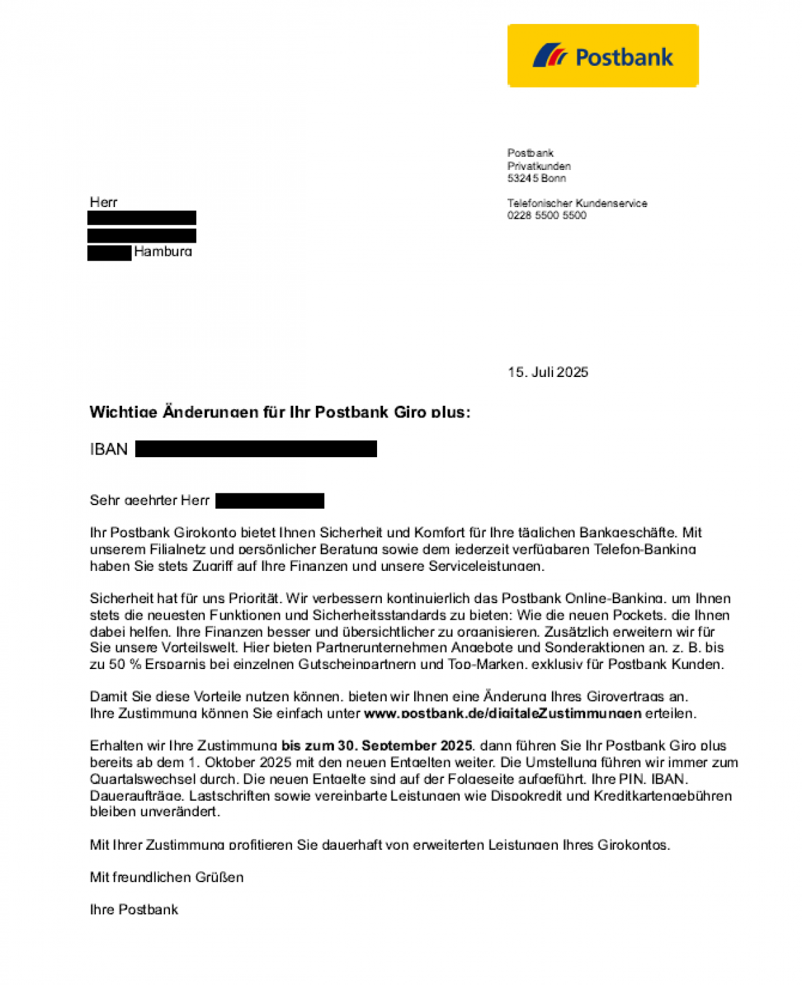 Postbank Anschreiben Giro plus 