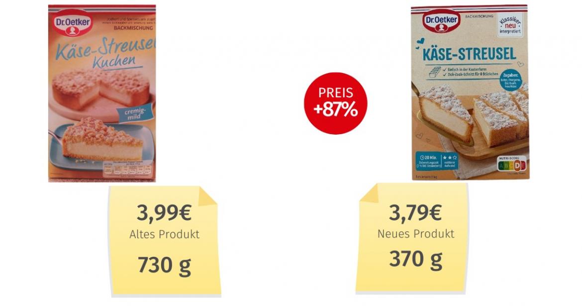 Mogelpackung: Dr. Oetker Käse-Streusel Backmischung (2025) Alt-Neu-Vergleich