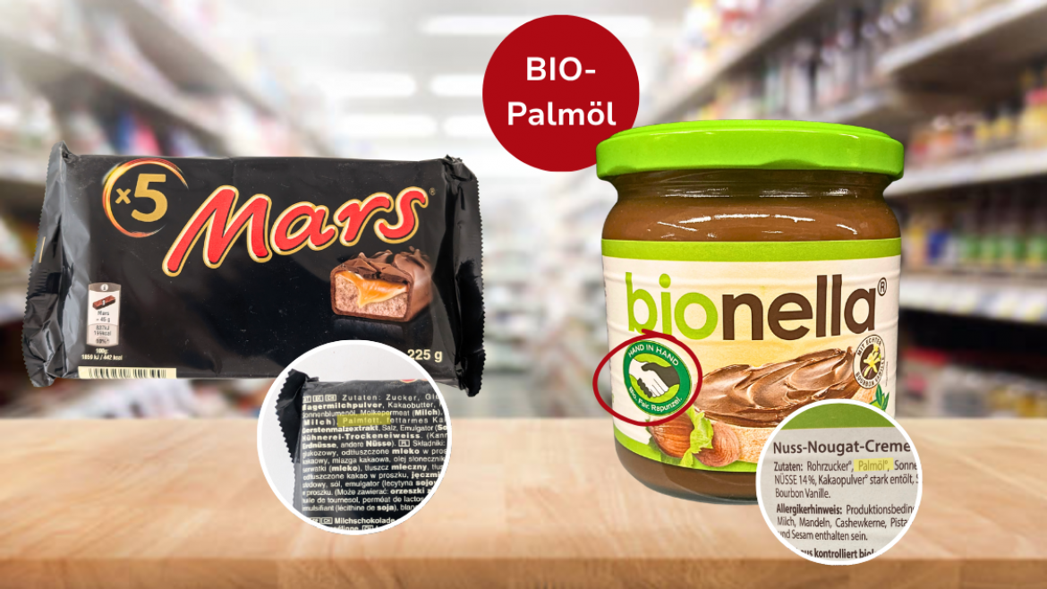 Schokoriegel Mars und Aufstrich Bionella mit Palmöl