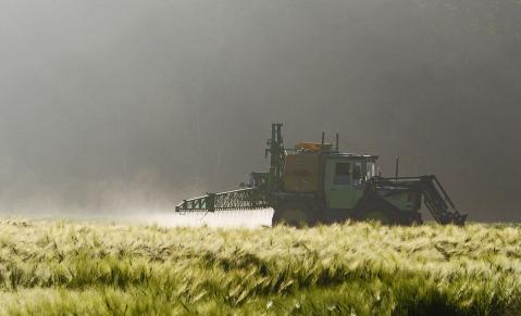 Traktor mit Spritze auf dem Feld