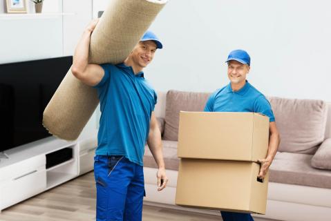 Zwei Mitarbeiter eines Umzugsunternehmen tragen Kisten und einen Teppich
