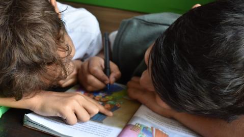 Zwei Schulkinder lesen in einen Buch