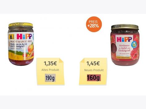 Mogelpackung: Vergleich alt und neu von Hipp Himbeere in Apfel Dinkelgrieß 