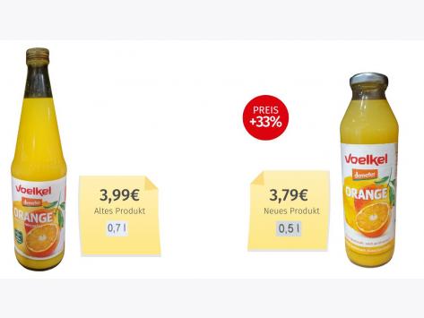Vergleich alter und neuer Flaschen Voelkel Orangensaft