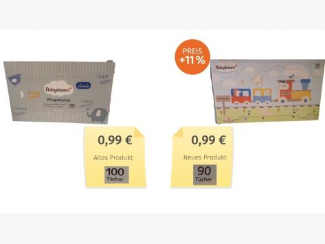Mogelpackung: Babydream Pflegetücher (2020) Alt-Neu-Vergleich