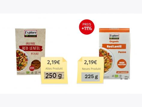 Mogelpackung: Explore Cuisine Organic Red Lentil Penne (2026) Alt-Neu-Vergleich