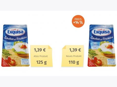 Mogelpackung: Exquisa Scheiben aus Frischkäse (2020) Alt-Neu-Vergleich